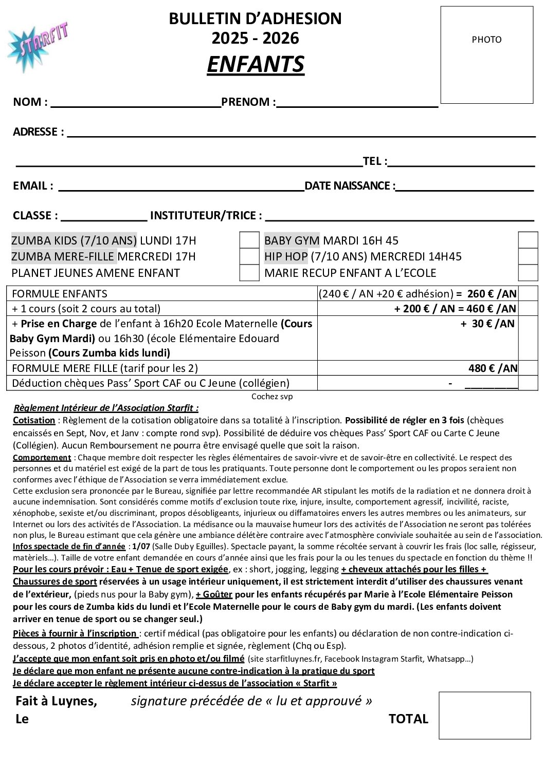 adhesion starfit enfants 2025
